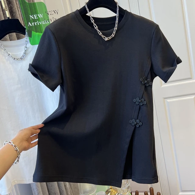 Camiseta de algodón con botones delanteros inclinados para mujer, chaqueta informal que combina con todo, estampado pesado, irregular, Retro, novedad de verano - Image 4