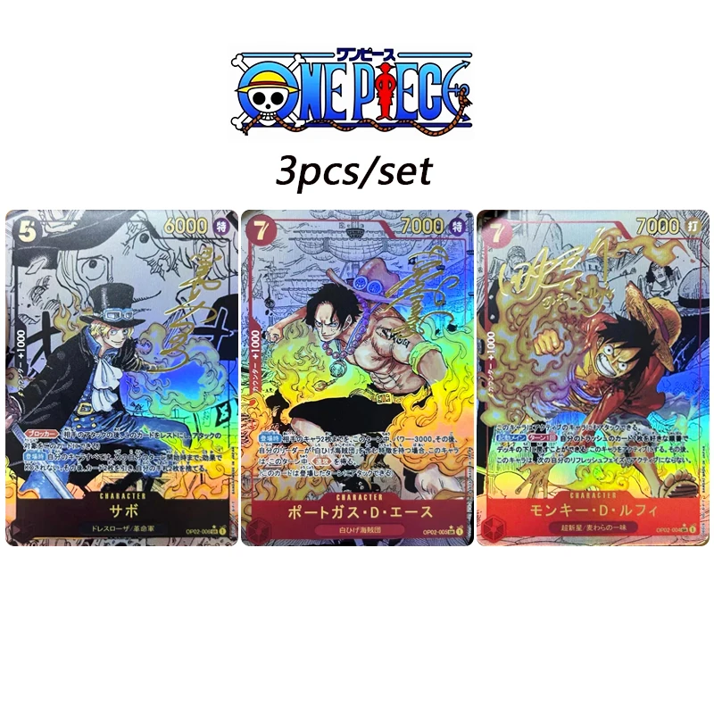 Fai Da Te One Piece 3 Pz/Set Collection Card Monkey D. Rufy Sabo Personaggi Anime Segno D'Oro Flash Card Cartoon Toys Regalo Di Natale