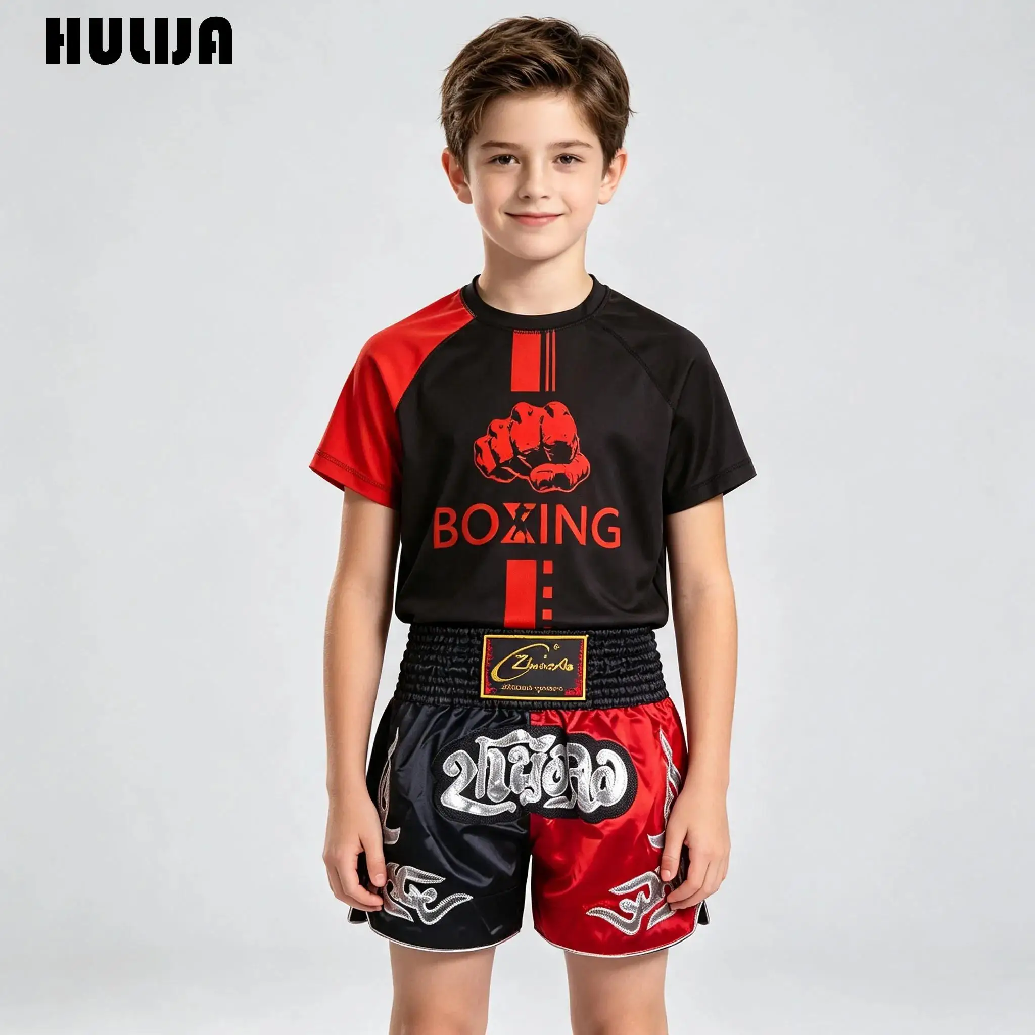어린이 소년 반바지 복싱 MMA 킥복싱 무술 훈련 대회 세트 운동 티셔츠 탑과..