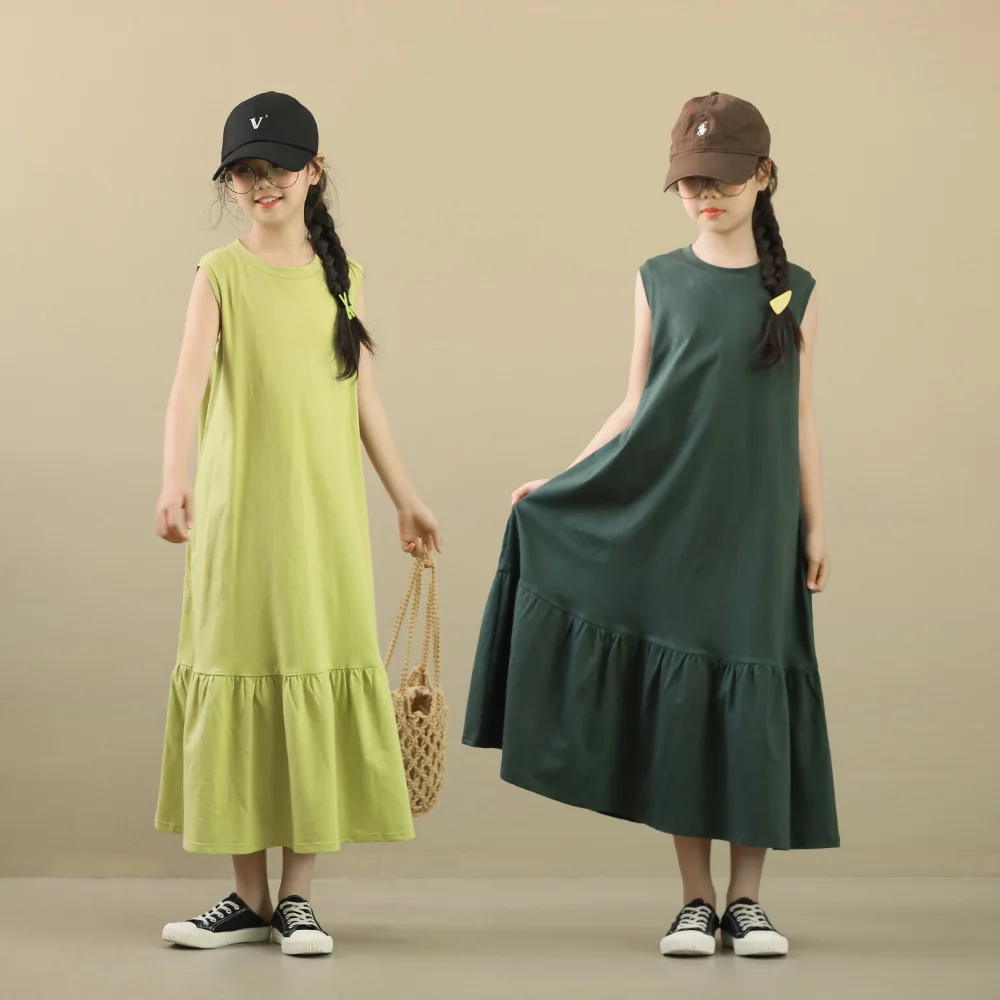

Girls Maxi Long Cotton Dress Summer 2023 New Sleeveless Casual Children Clothing Cute Kids Loose Dresses Green Color