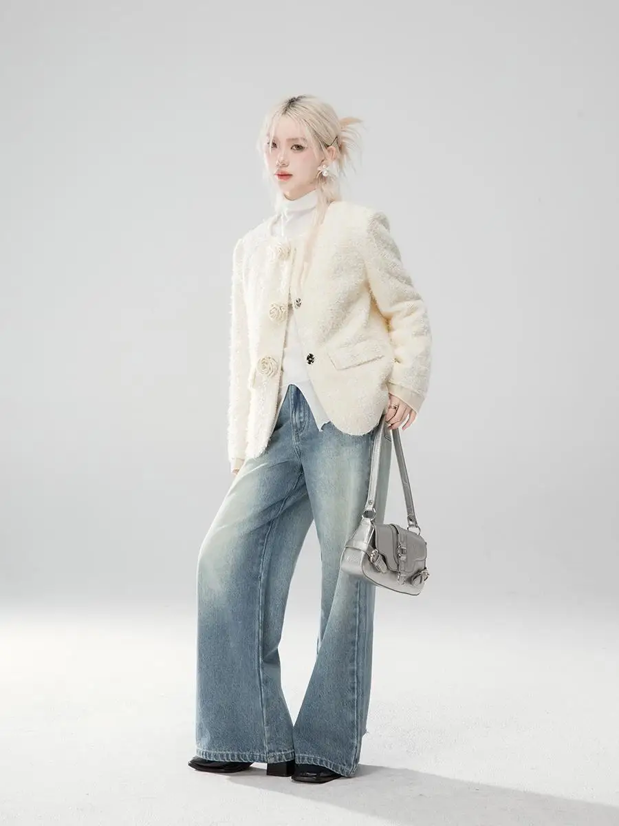 Korea High-End Fall Winter New Ladies Fashion Buckle Slim Fit Coat Women Elegant Mid-Length Skirt Office Lady