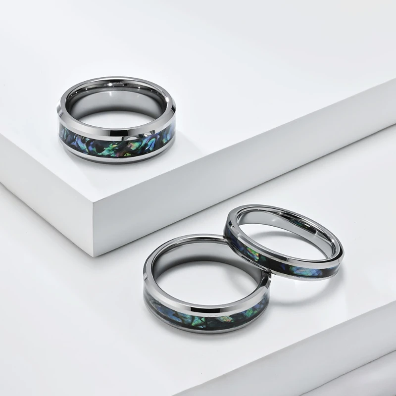 Eingelegte Abalone-Muschel-Papierringe aus Wolframstahl, Verlobungsring für Männer und Frauen, Hochzeitstag, Gedenkmode, Schmuck, Geschenk