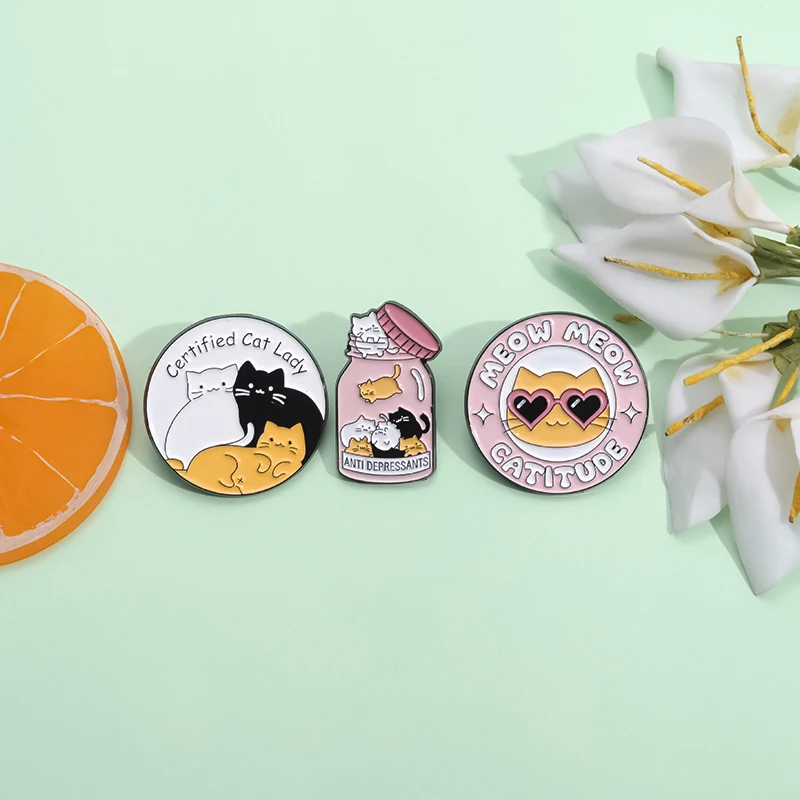 Cartoon brooch certified cat lady enamel pins custom meow catitud metal brooches lapel badges jewelry gift