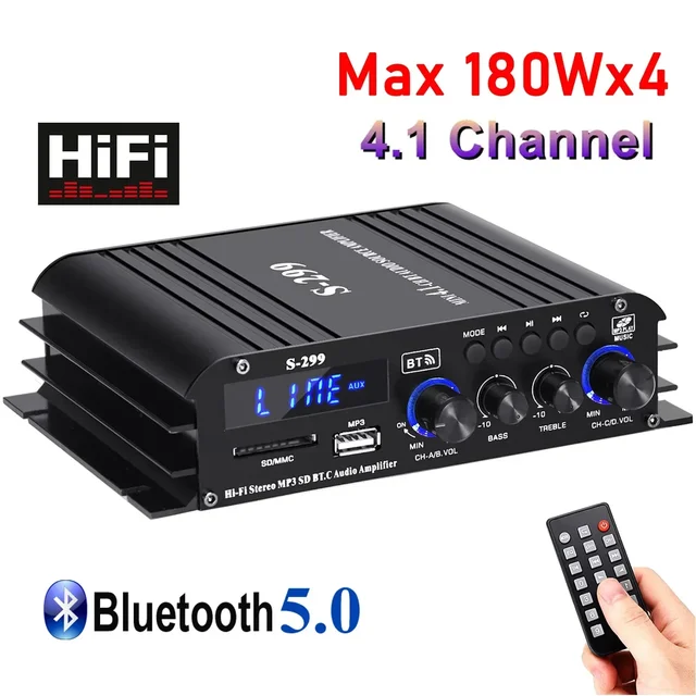 Audio Amplifier S-299 Channel-4.1 Digital AMP Bluetooth 5.0 Rated Power 40Wx4 with Remote for Home Theater Car RVs steamboat 1