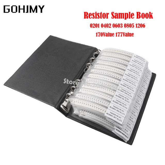 4250 шт. 8500 шт. 8850 шт. 0201 0402 0603 0805 1206 Образец резистора GOHJMY Пустая книга 1% SMD Ассорти комплект 10K 100K 200K 1K 1R 100R 1