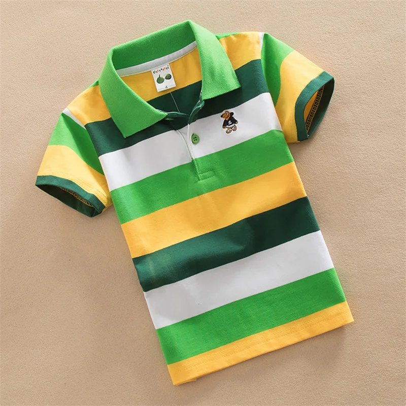 T-shirt For Boys Summer Children Short Sleeve Stripe Tees Cartoon Bear Embroidery Tops Teens Breathable Polo Shirt Kids Clothing - Image 3