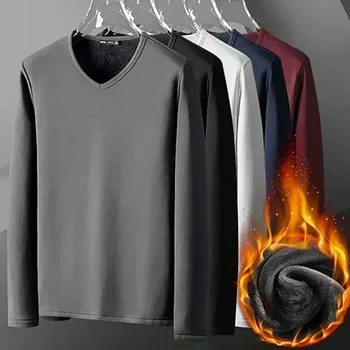 Winter Men's Thickening Velvet Warm Tops Men's Winter Long-sleeved Thermal Underwer Male Round Neck Fashion T-shirt M-5XL 1