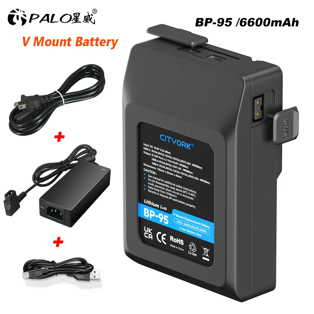 Bateria Palo-v-lock para Câmera de Vídeo Sony 95wh Bp-95 6600mah v Mount Filmadora Luz Led Adaptador D-tap Carregador Transmissão