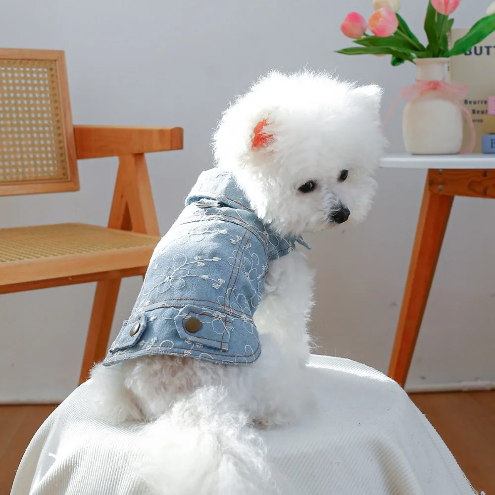 소형견 중형견 고양이 남아 여아 애완동물 의상 자수 데님 조끼 시츄 치와와 요크셔 테리어 티컵용 강아지 청자켓