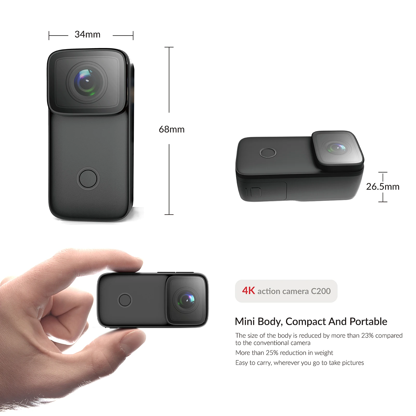 SJCAM C200 4K Mini WiFi Action Camera 1.28-inch IPS Screen 6-Axis Anti-Shake Support Night Vision Built-in Rechargeable Battery 2