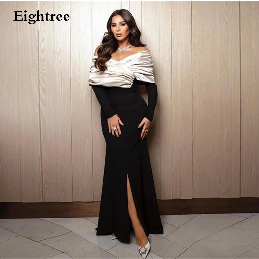 

Eightree Vintage Black Evening Dresses Long Sleeves Mermaid Slit Stain Pleat Floor Length Robe De Soirée Formal Occasion Dress