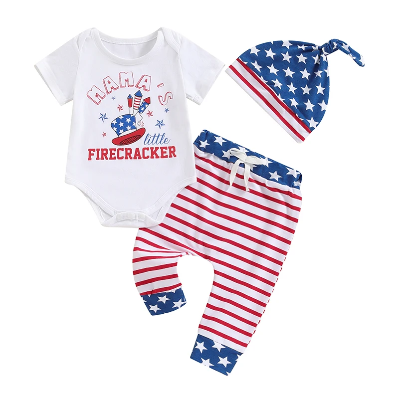 

4th of July Baby Boy Outfit Newborn MAMA’S Little Firecracker Romper Stars Stripes Long Pants Hat 3Pcs Clothes Set