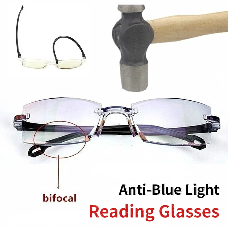 

2 Pair New Men Women Rimless Reading Glasses Anti Blue Light Bifocal Far Near Magnification Eyewear Presbyopic Glasses +150 +200