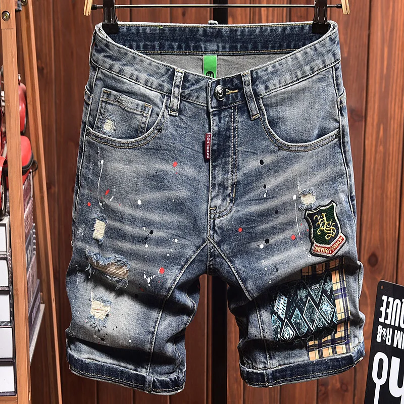 Trendy Summer Denim Shorts, Men'S Cropped Pants With Holes, Korean Version, Trendy Paint Dot Elastic Pants, Men Horse Pants