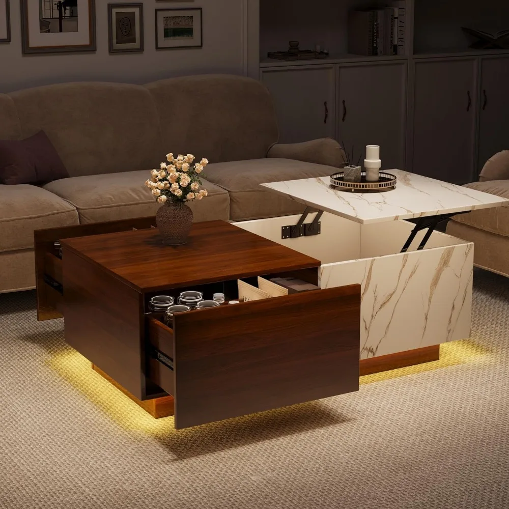 Lift Top Coffee Tables for Living Room, 43" LED Wooden Center Tables with Storage Shelf, Hidden Compartment and Drawer for Home 3