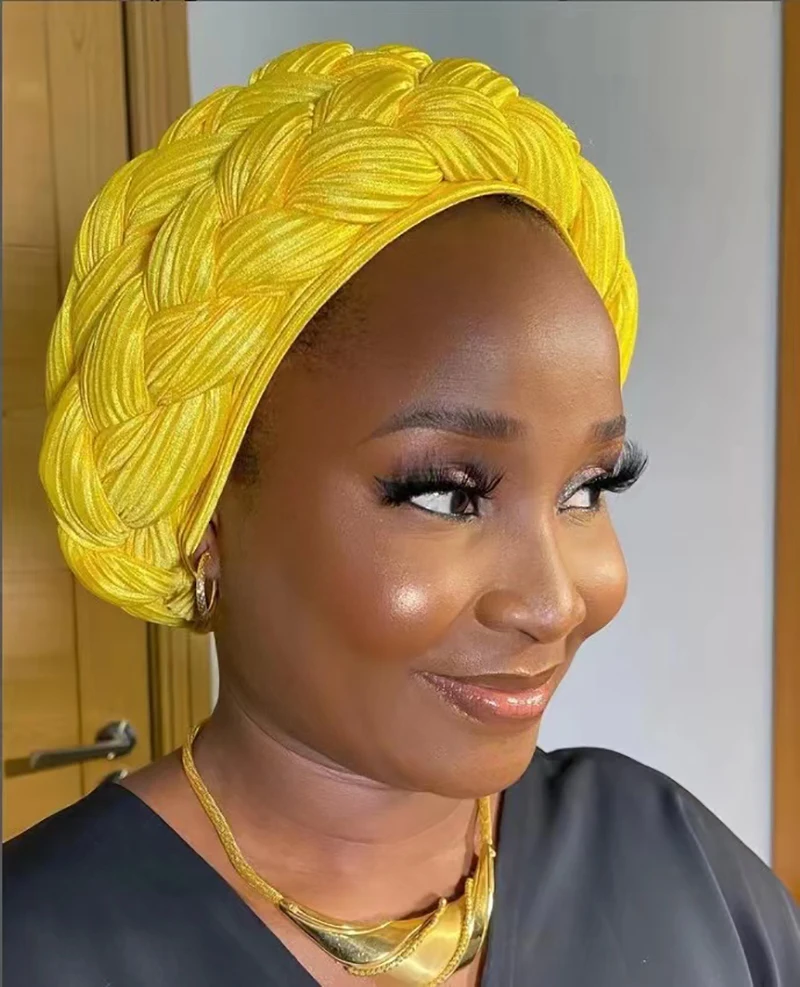 

Trendy Crumpled Burlap Braids Turban Cap African Headtie Muslim Hat Head Wraps Lady Headpiece Nigeria Auto Geles Hijab Bonnet