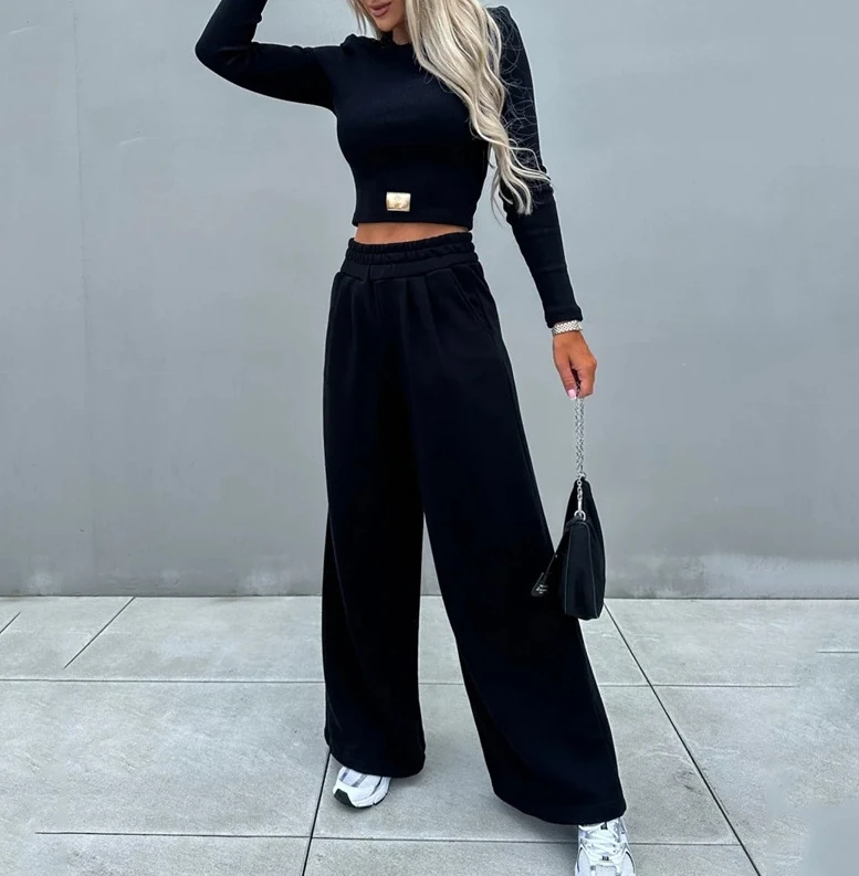 Casual Women 2 Piece Set Autumn Casual Sport Solid Round Neck Long Sleeve Crop Top High Waist Wide Legs Pants Set Tracksuit