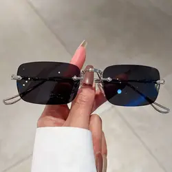 Rimless Rectangle Vintage Sunglasses with Ocean Lenses and UV400 Protection (Silver - Black)