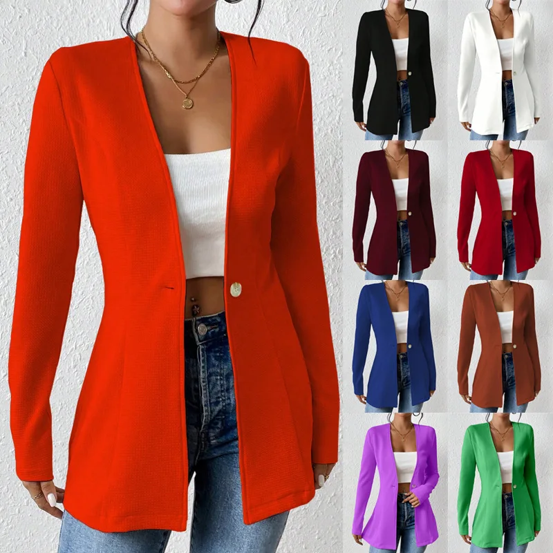 Women Solid Color Notched Long Sleeve Blazer Workwear Business Coat