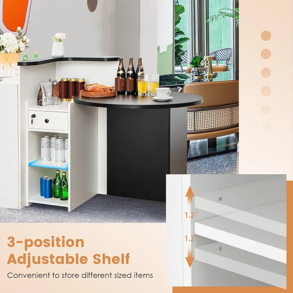Reception Desk, Front Counter Desk with Lockable Drawer & Adjustable Shelf, Oval Desktop, Retail Counter for Checkout