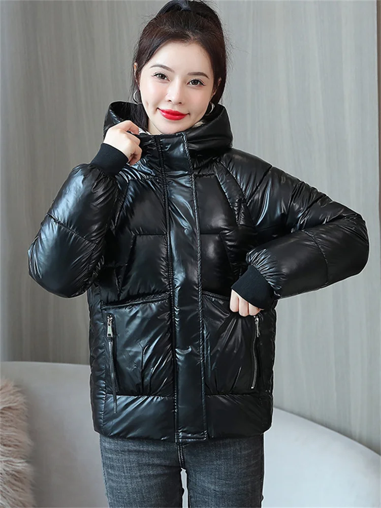 

Free Wash Glossy Down Cotton Coats Women Short Loose Parkas 2022 Winter New Fashion Korean Black Pink Long Sleeve Warmth Outwear