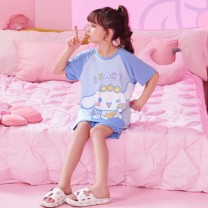 

Sanrio Children Pajamas Hello Kitty Cinnamoroll Pachacco Girls Thin Short Sleeve Cartoon Student Loungewear Set Kids Home Cloth