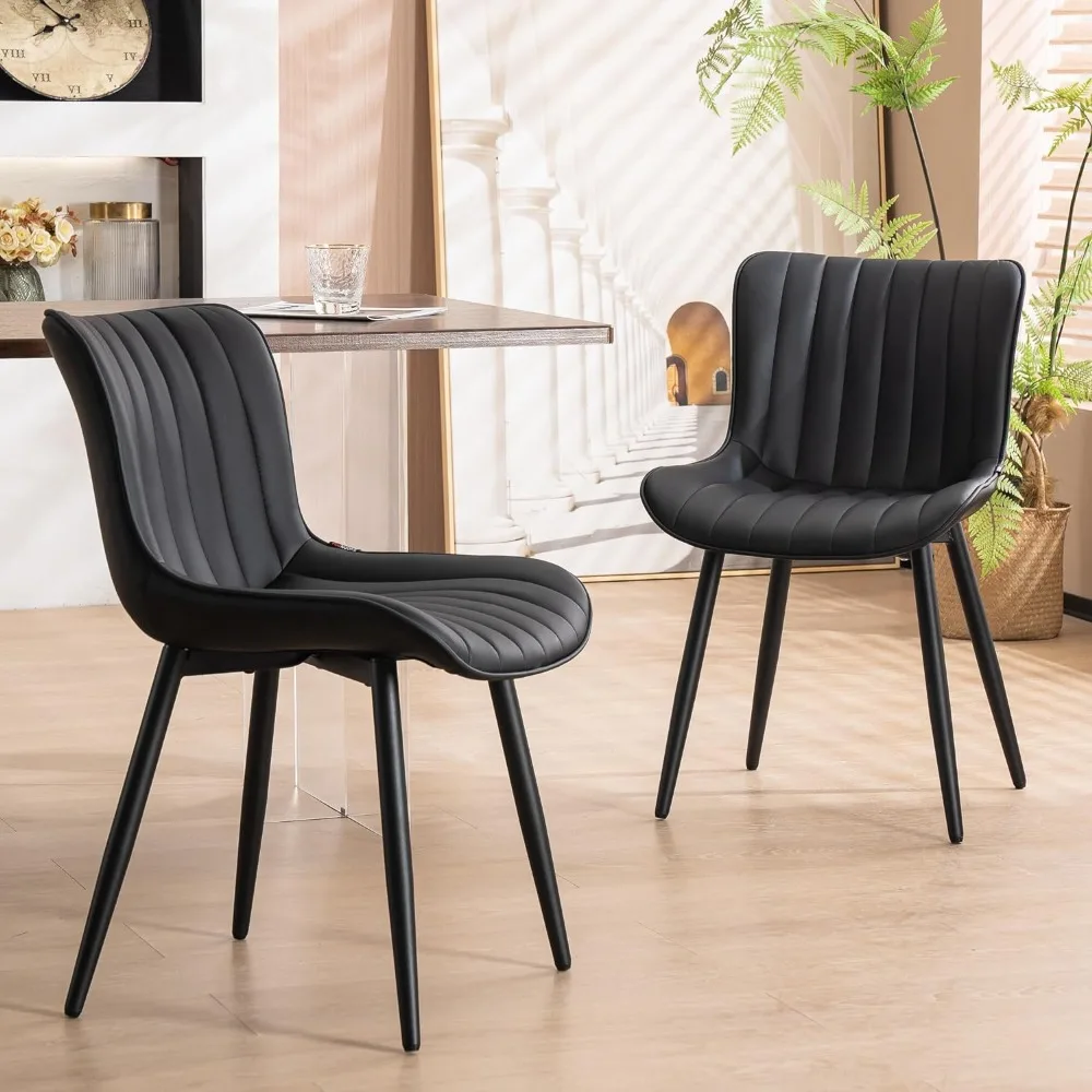 

Black Dining Chairs Set of 2 Upholstered Mid Century Modern Kitchen Chair Armless Faux Leather Accent Guest Chair with Backs