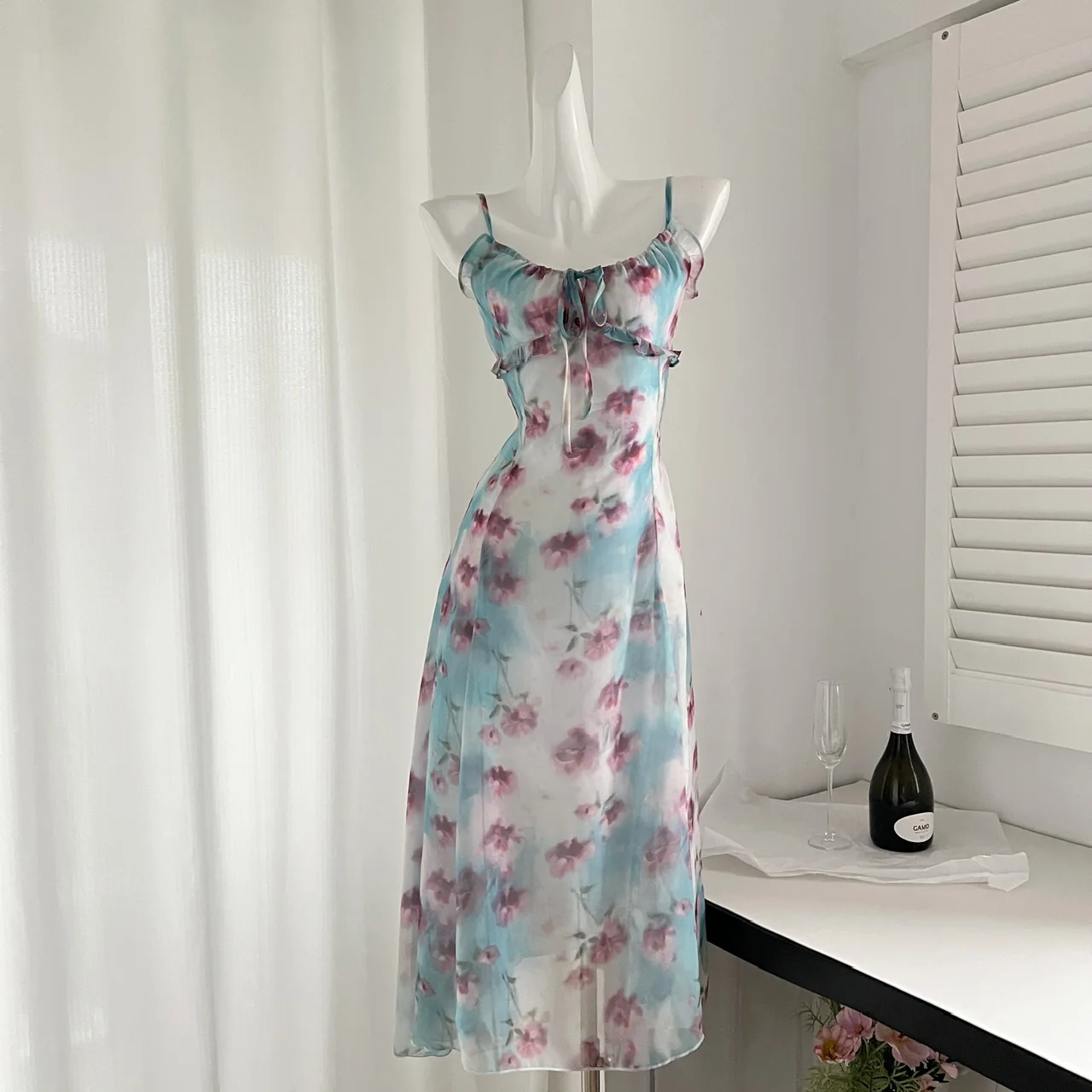 

Women's Sexy Straps Ruffles Slim Floral Long Dress Lady Summer Elegant Sleeveless Party Holiday Dress