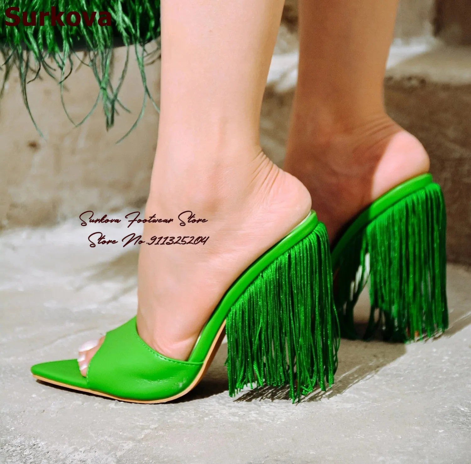 

Surkova Green Yellow Fringe Heel Modern Slippers Stiletto Heels Pointed Toe Sandals Matte Leather Slip-on Evening Shoes