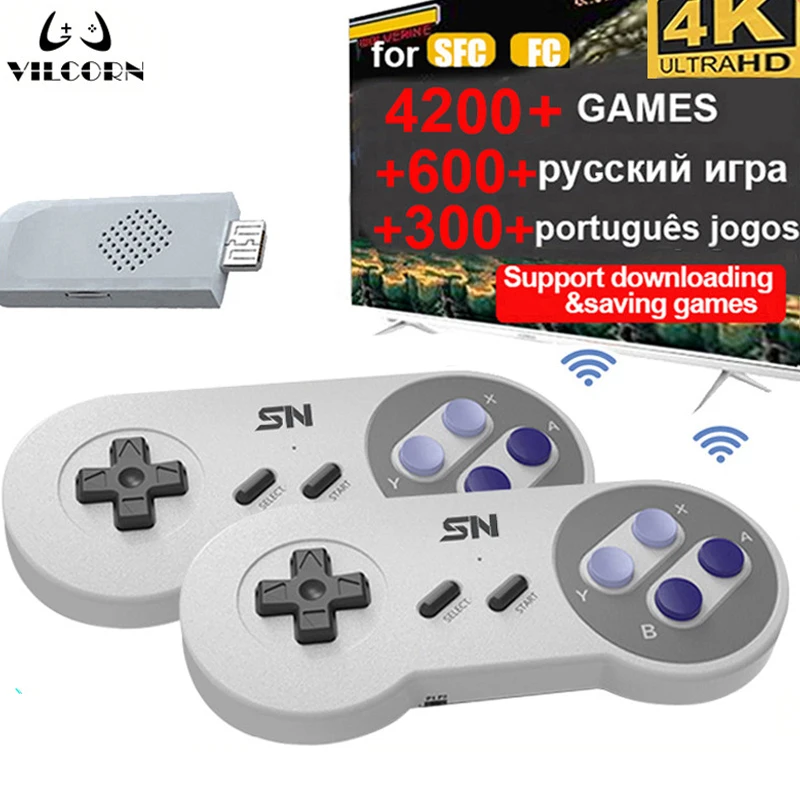 VILCORN 16-bit Mini Everdrive Super Wireless Dendy Retro Portatil TV Game Stick Console For Super SNES NES Console 4k Drive