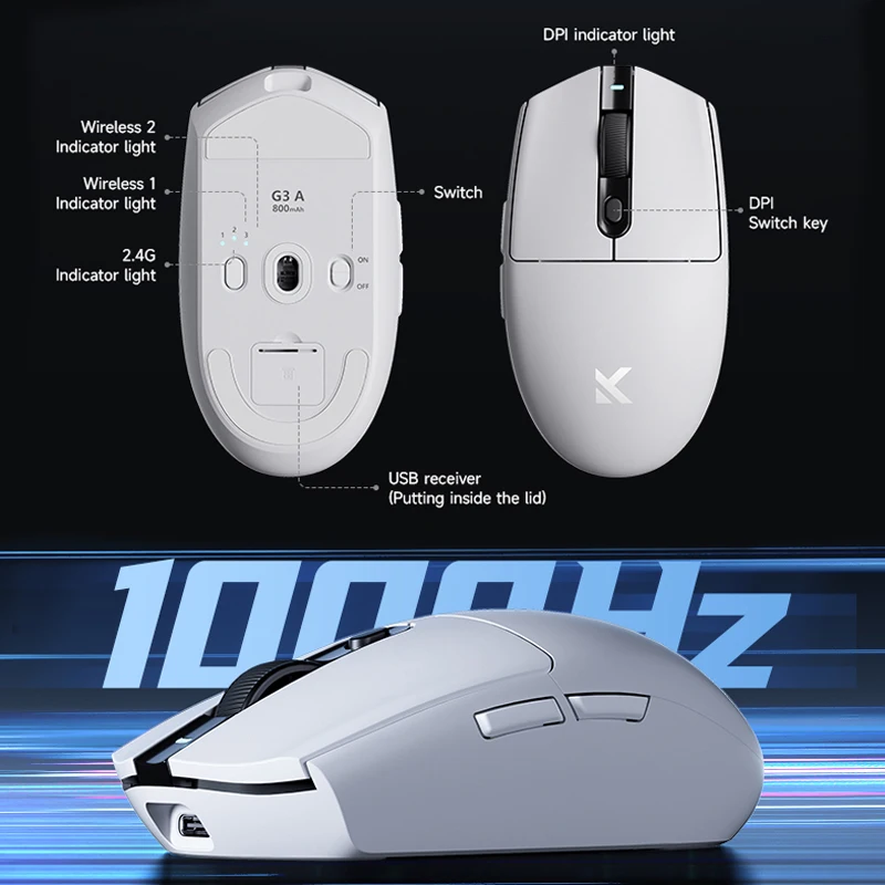 Mchose G3 Wireless Gaming Mouse 12000 DPI PAW3311 Tri-mode 2.4GHz/Bluetooth/Wired Large Battery Lightweight Ergonomic Laptop PC