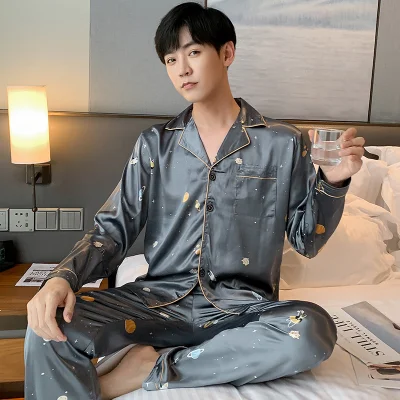 Lisacmvpnel New Men Pajamas Spring And Autumn Ice Silk Long Sleeve Home  Clothes Jacquard Large Size Casual Pyjamas