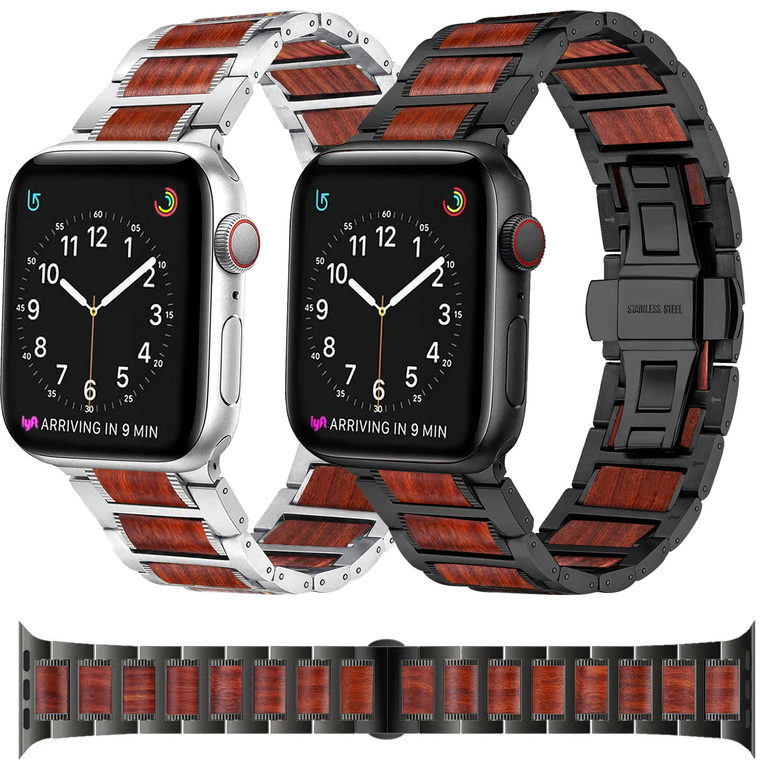 

Ремешок для часов Apple Watch band series 7 6 4 45 мм 41 мм 44 мм 42 мм, сандалии из нержавеющей стали и дерева для iwatch 7 6 5 4 3 SE 38 мм 40 мм