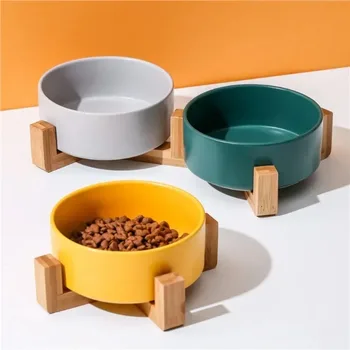 Cat bowl cerami double bowl water bowl integrated wooden rack protects cervical spine high-legged dog bowl dog bowl