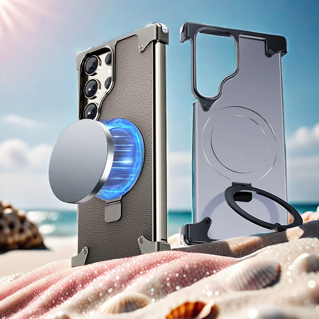 Aluminum Alloy Magnetic Stand Rimless Phone Case For Samsung Galaxy S24 S23 Ultra Metal phone holder Shell Frosted Matte Cover