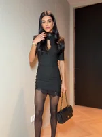 Lace Patchwork Women Hollow Out Bodycon Sheath High Collar Half Sleeves Sexy Female Mini Dresses 2026 Club Fashion Vestidos New