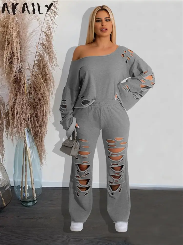 

Akaily Gray One Shoulder Casual 2 Two Piece Pant Set Club For Women 2023 Fall Winter Hollow Out Ripped Pollover Top Pant Set