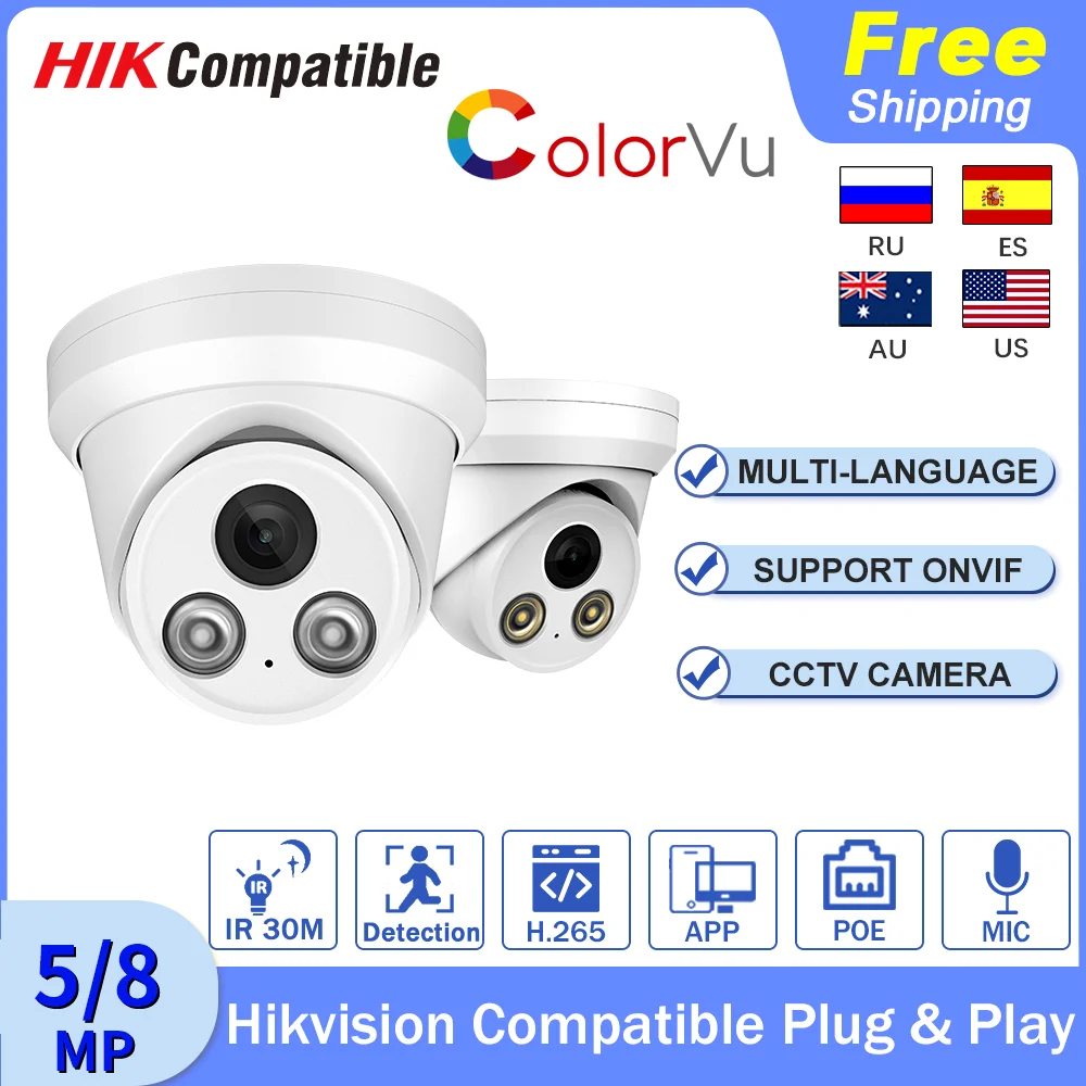 

Hikvision Compatible IP Camera 5MP HD 8MP 4K POE ColorVu Outdoor Indoor Dome Black Camera IR Built-in Mic Surveillance For Home