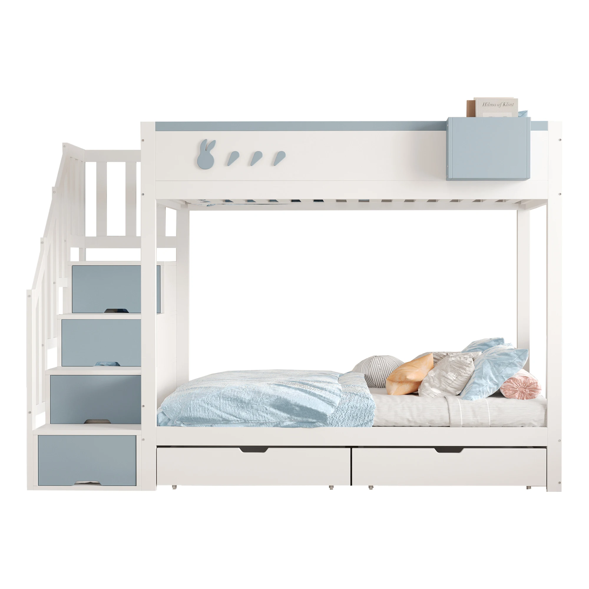 Etagenbett für Kinder, 90*200 cm, mit Hasen- und Karottenmotiven, abnehmbarem Ablageregal, sicherer Aufbewahrungstreppe, Schubladen, Lattenrost. – Detail 9