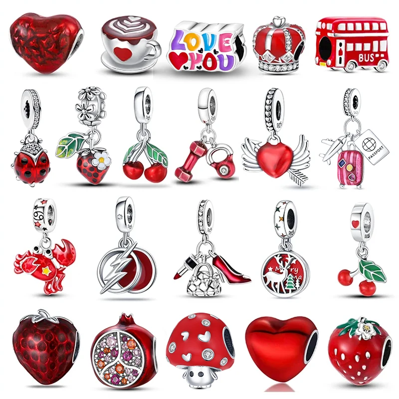 Charm Bead 100% 925 Sterling Silver Heart Shape Cherry Red Collection for Pandora Original Bracelet DIY Jewelry Gift