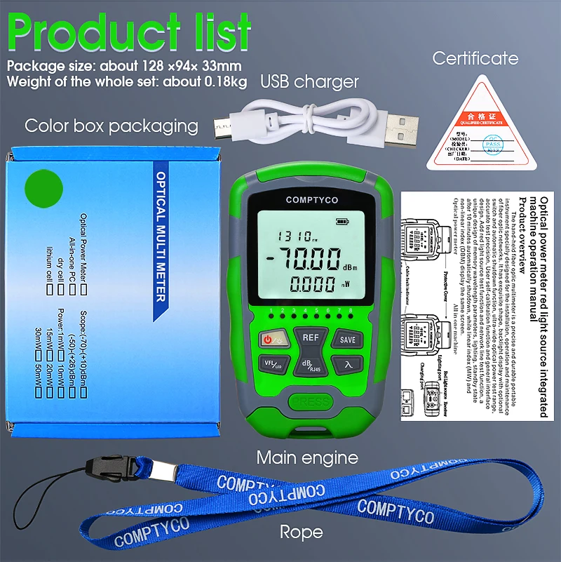 4 In 1 Multifunction Fiber Network Cable Tester AUA-MC70 Optical Power Meter -70~+10dBm Visual Fault Locator 1-50MW VFL FTTH OPM