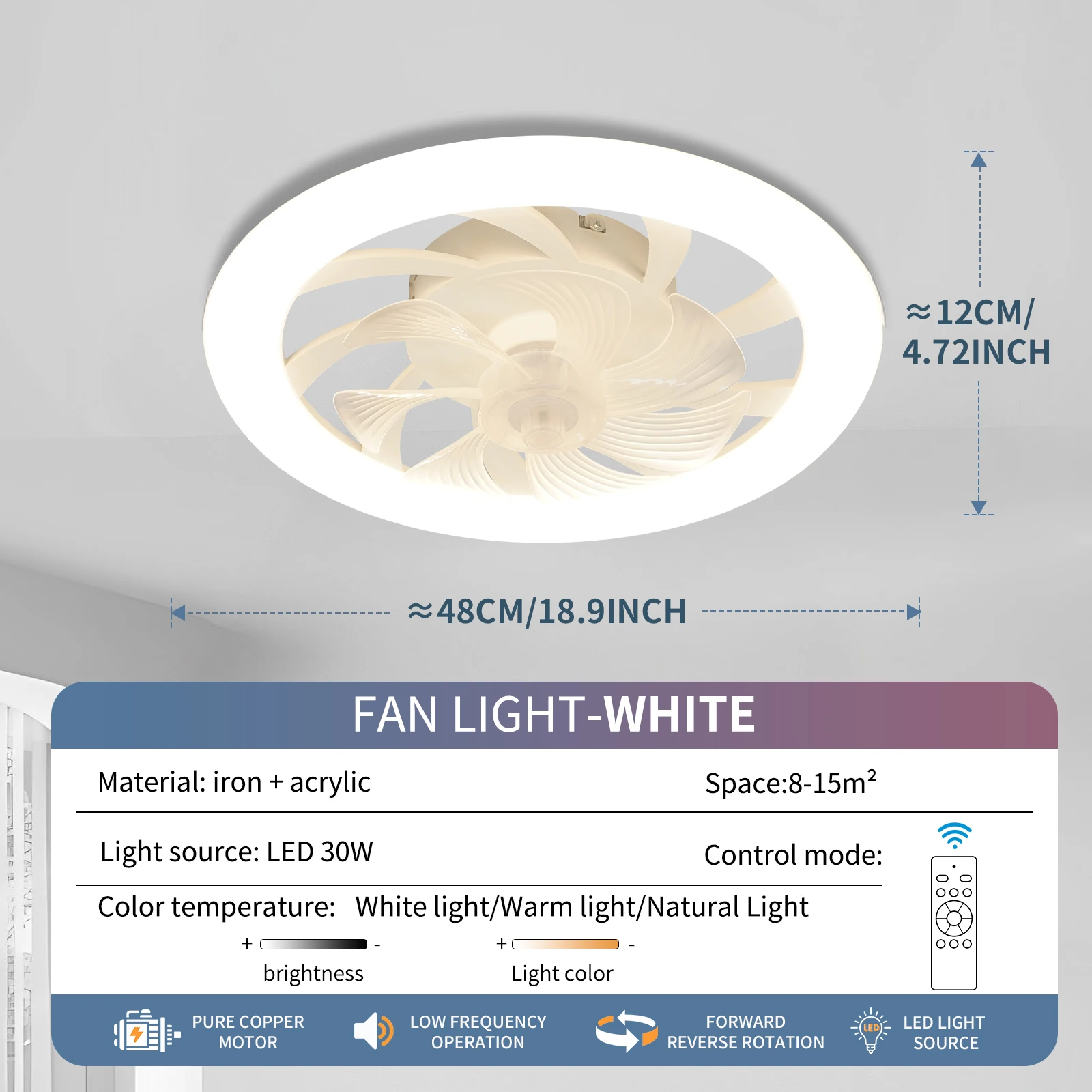 Ventilatore da soffitto da 20"49 cm con luce a led 360 ° Ventilatore elettrico rotante per sigillare circolite 3CCT RC Lighing moderno da incasso per camera da letto