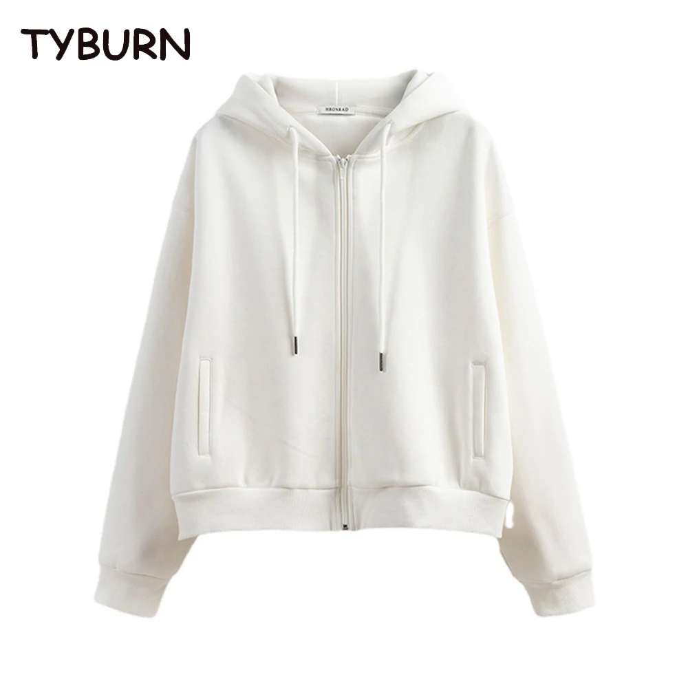 

TYBURN New Cotton Street Sweatshirt Hoodie Zip Coat Women's Autumn Winter Leisure Harajuku White Short Cardigan Sports Hoodie