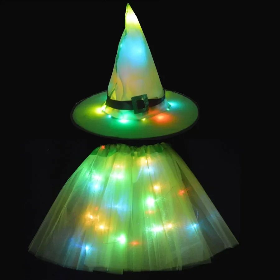 Cosplay Costume Halloween Dress Outfit Women Kids Girl Luminous LED Glow Lights Elf Witch Hat Star Skirt Spider Web Wizard Costume Party Gift Halloween Festival