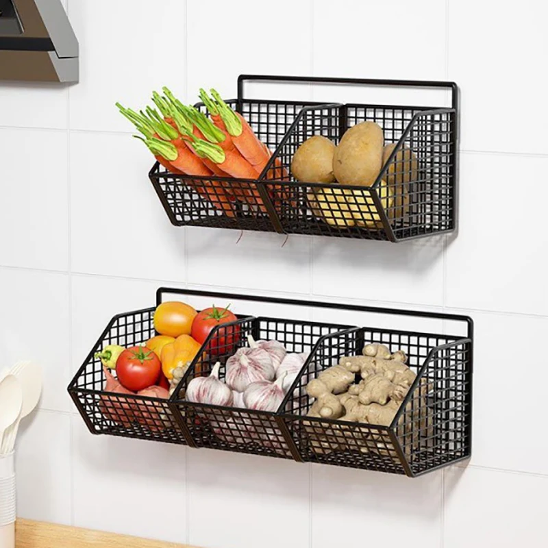 Wall Mounted Storage Rack - Multi Compartment Kitchen Shelf for Onion, Ginger & Garlic Organizer