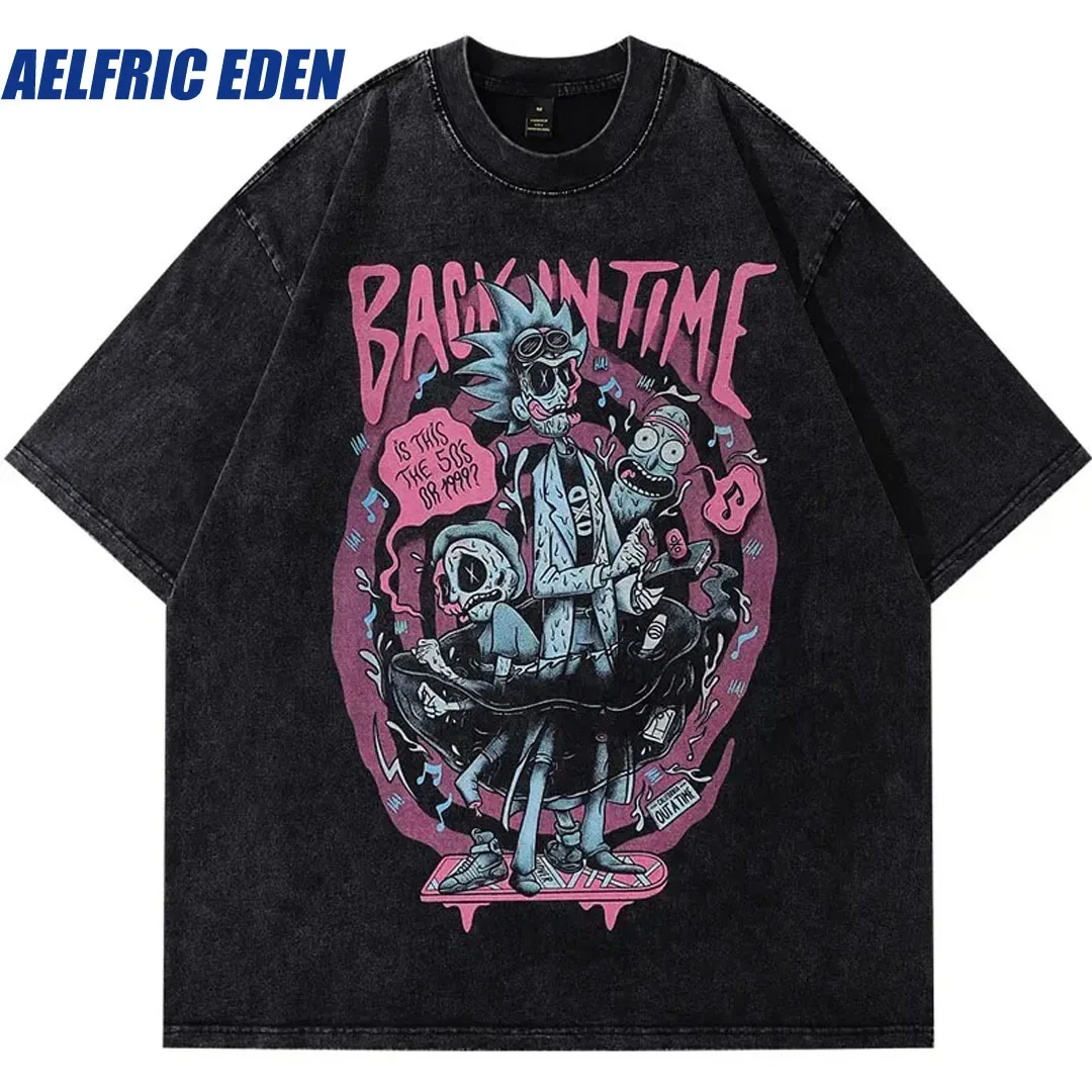 

Aelfric Eden Vintage Tshirt Hiphop Japanese Zombie Anime Cartoon Graphic Print Washed T-Shirt Harajuku Punk Gothic Oversized Top