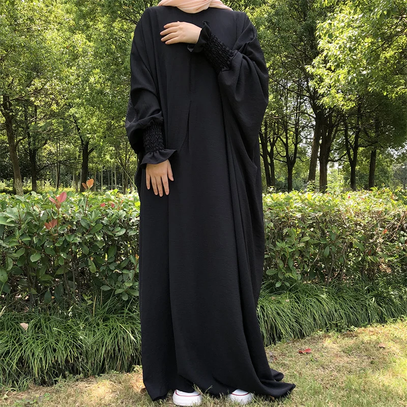 Ironless Islamic Clothing One Piece Full Length Elastic Wrists Frill Cuff Modest Prayer Maxi Dress Butterfly Jazz Crepe Abaya