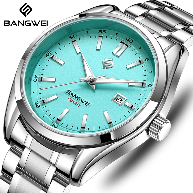 BANGWEI New Luxury Men Watch Top Brand Classic Business Stainless Steel Dual Calendar Quartz Wrist Watch for Men Reloj Hombre
