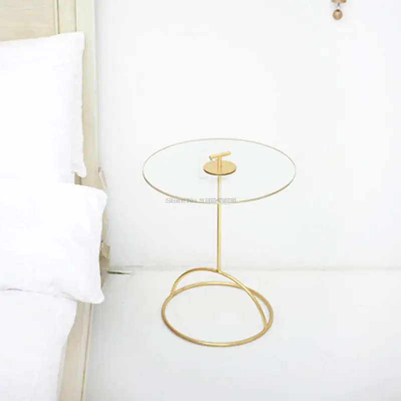 Simple Household Golden Round Table Tempered Glass Small Coffee Table Electroplating Process Movable Sofa Side