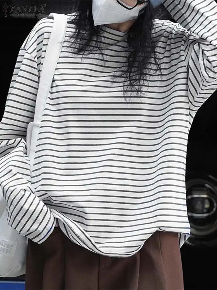 

ZANZEA Causal Striped Printed Blouse Street Colorblock Long Sleeve Shirt Women Round Neck Oversize Tops 2024 Spring Korean Tunic